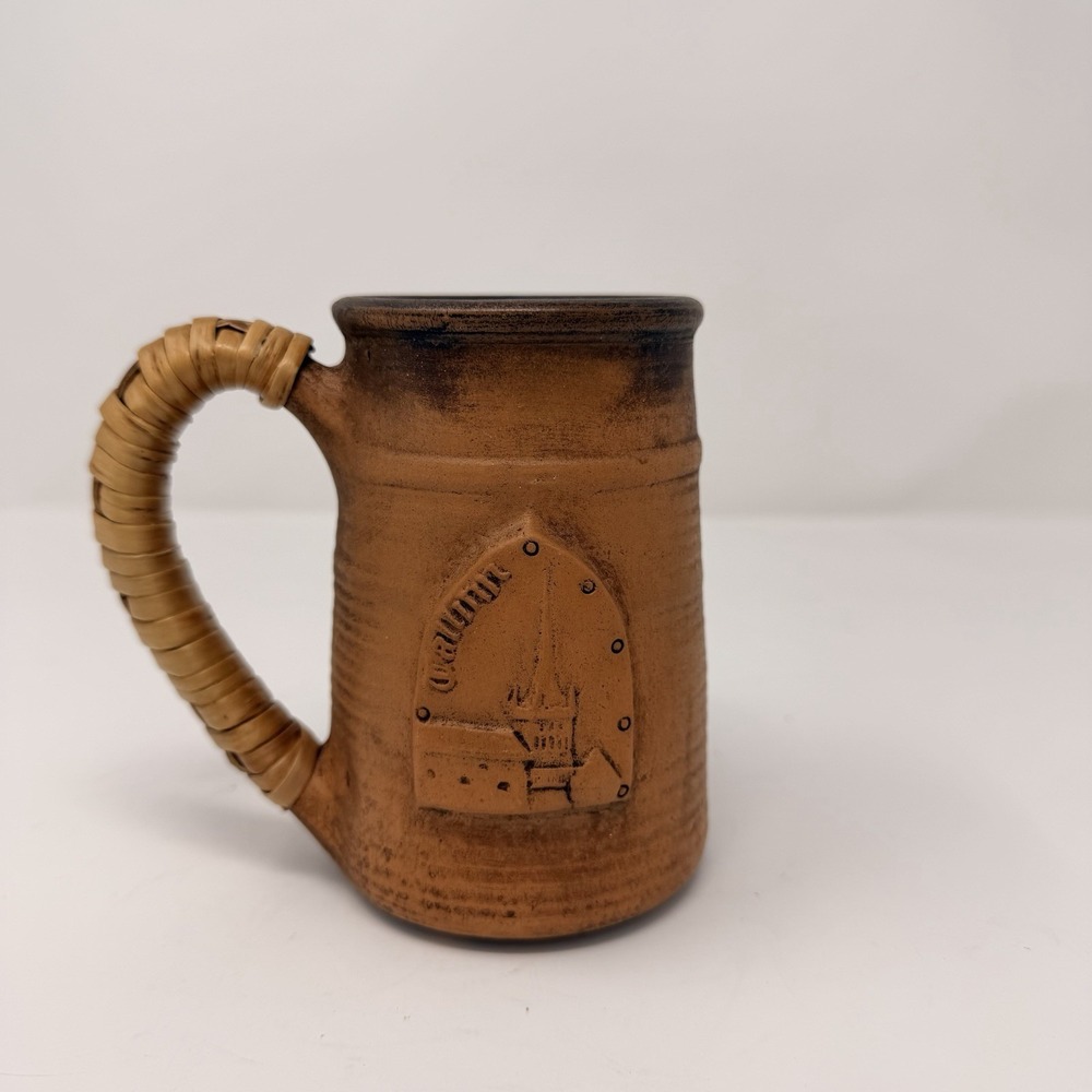 Vintage Tallinn Estonia ceramic mug with Old Town relief & wicker handle